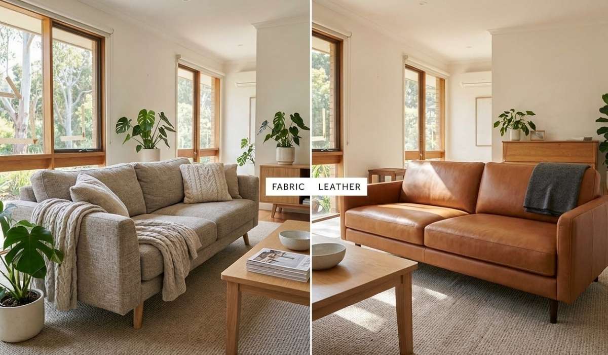 A split-screen image showing a grey fabric sofa on the left and a tan leather sofa on the right in a modern, sunlit living room.