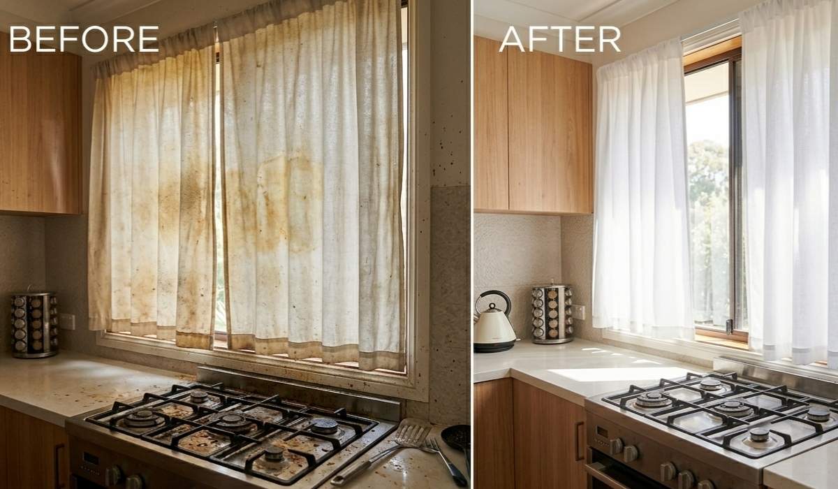 A split-screen comparison showing grease-stained kitchen curtains on the left and bright, clean white curtains on the right.