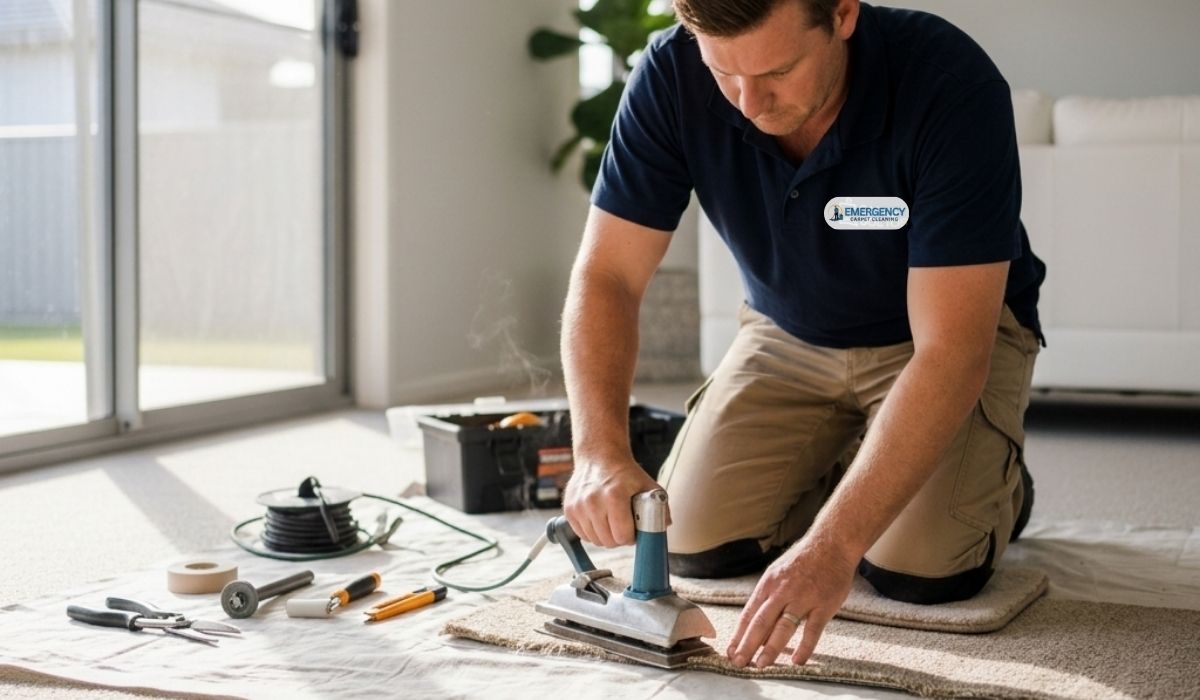 A close-up of a carpet technician using a seaming iron and tape to join carpet edges on a neutral beige floor in a sunlit room.